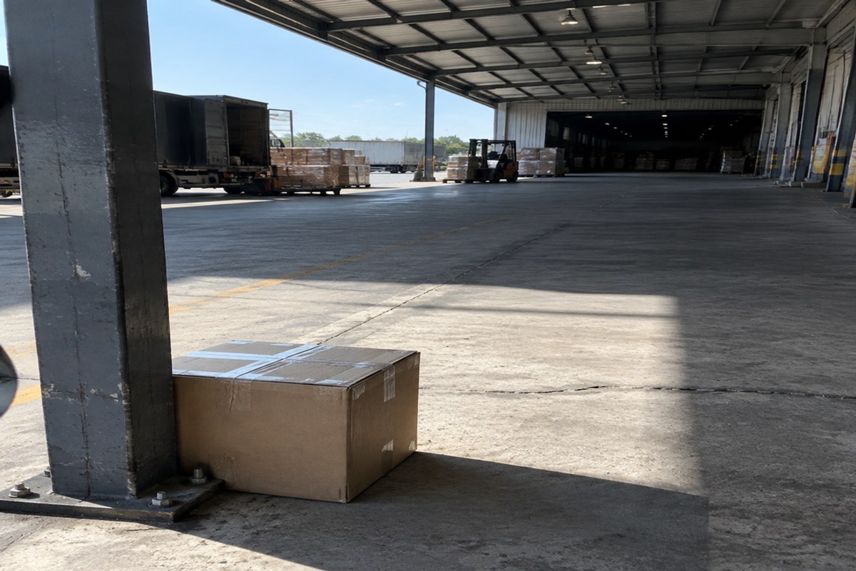 Taped carton ready for dispatch with a pallet of parcels behind