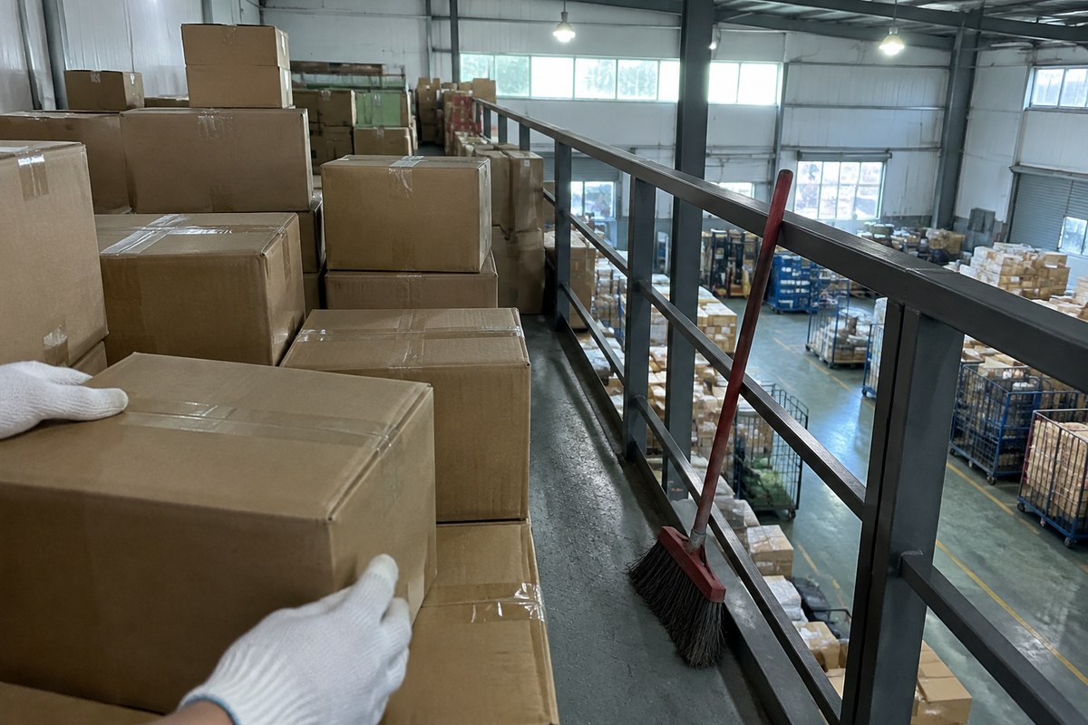 Packing table with tape measures, scissors and padded mailers among stacked cartons
