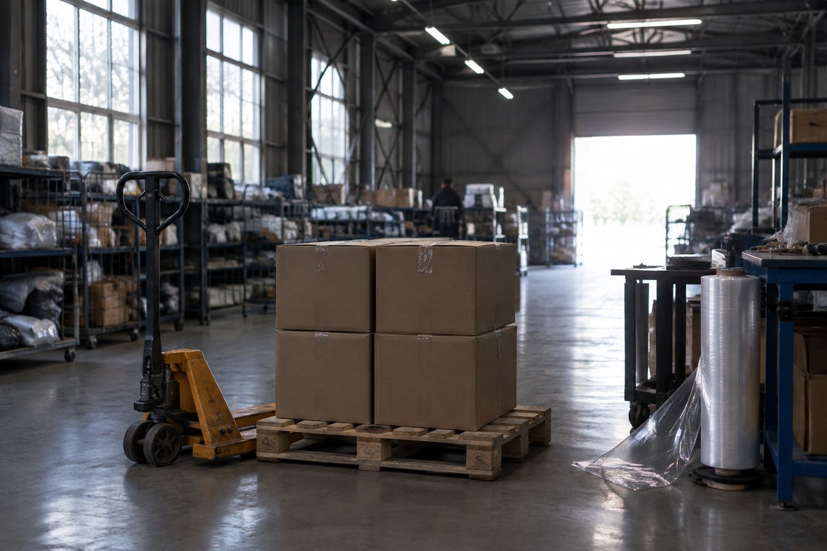 Trolley loaded with cartons moving across the warehouse floor