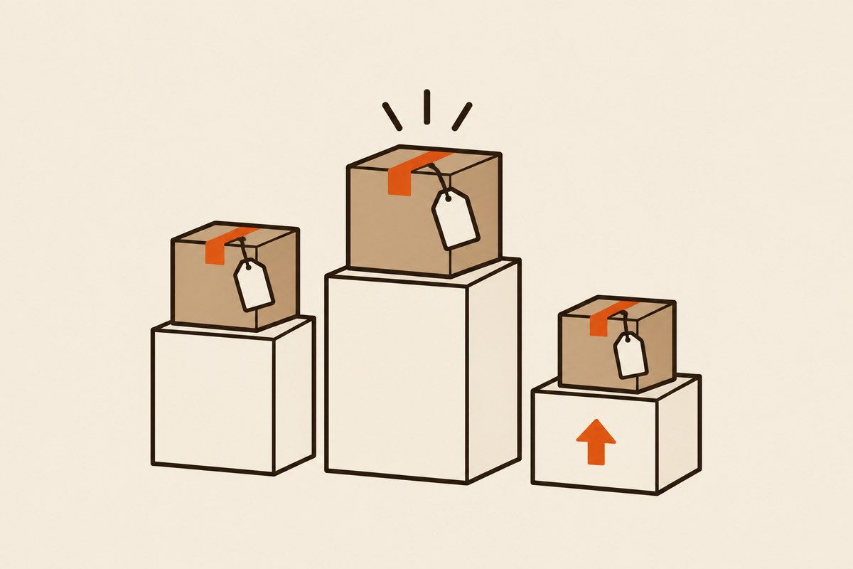 Three identical mugs lined up in front of three different-sized cartons