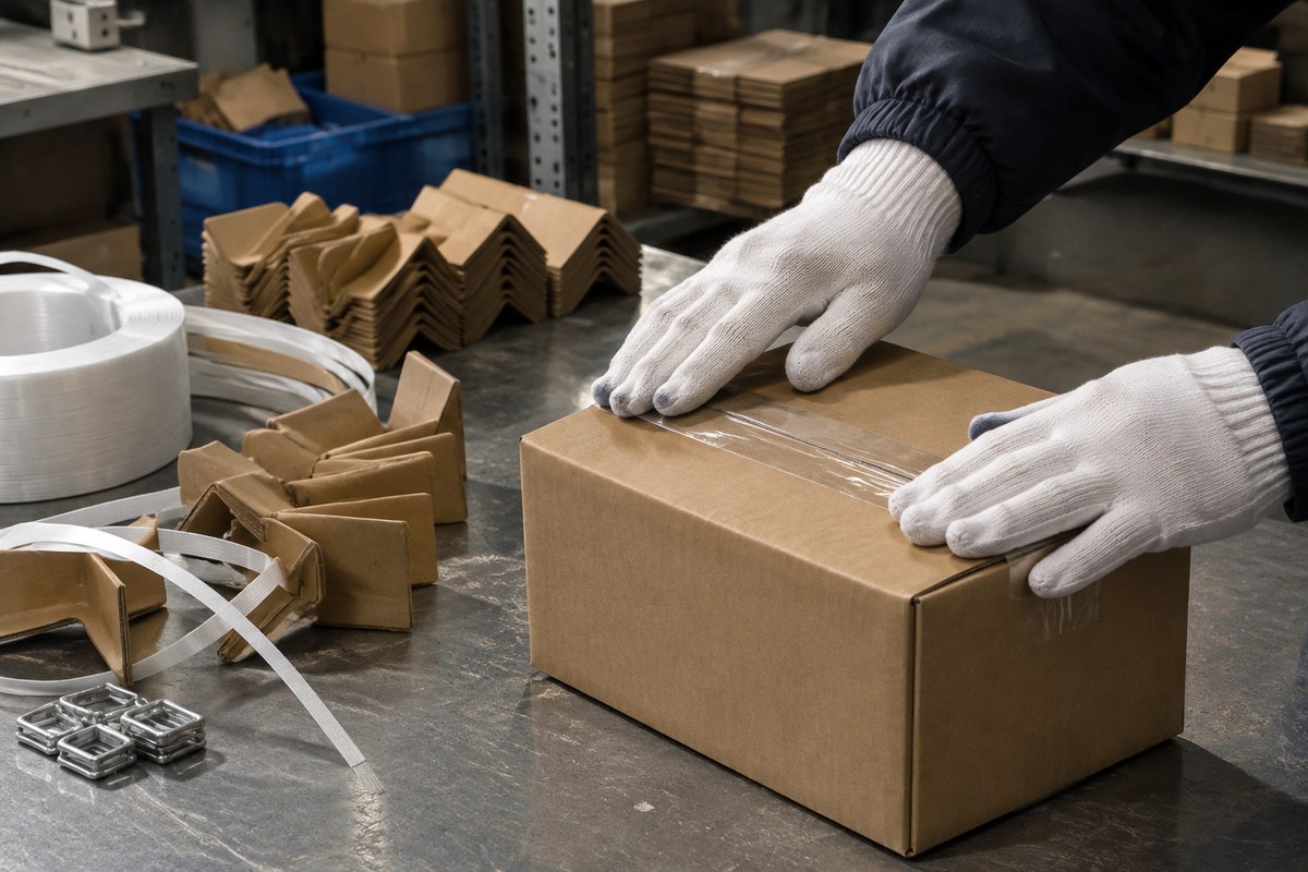 Gloved hands sealing a carton with packing tape on a steel bench