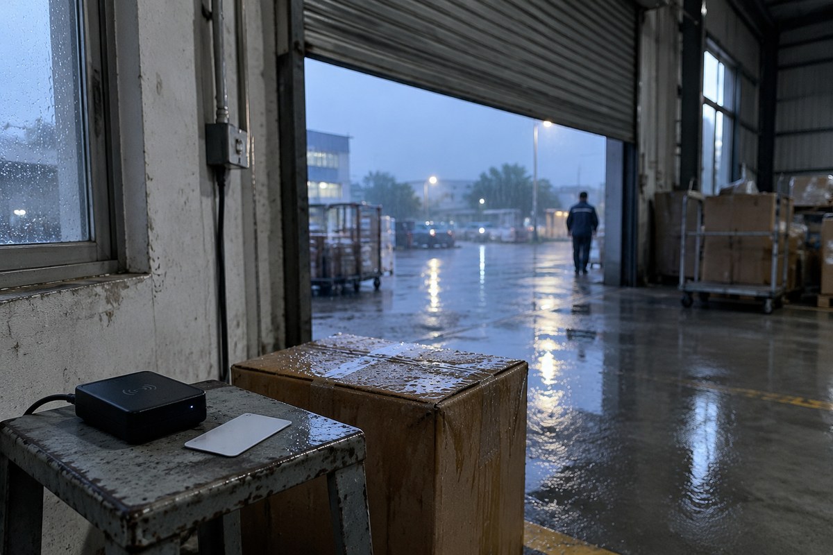 Black electronic device and a blank white card on a metal table beside a parcel at a warehouse entrance