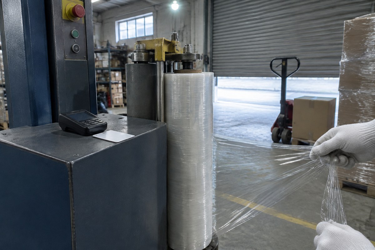 Large stretch-wrapped carton on a pallet holding a steel appliance