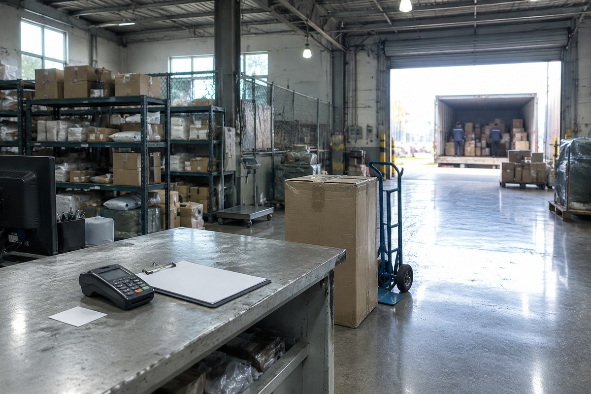 Warehouse worker holding a payment card beside a phone and parcel