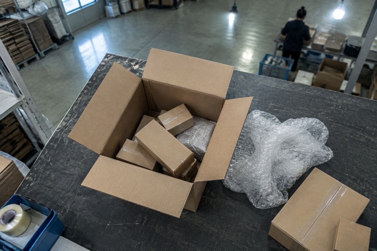 Open large carton containing smaller boxes and a wrapped item beside loose bubble wrap