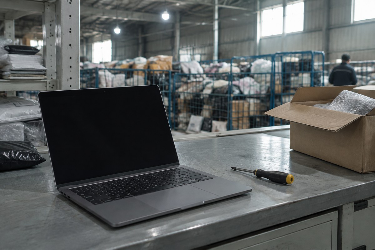Gloved hands checking an open laptop beside its power adapter