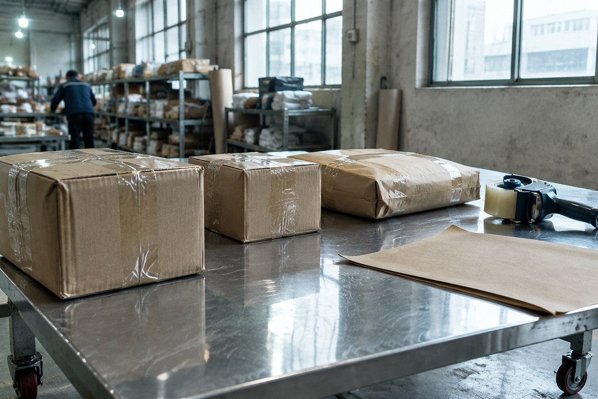 Racking, pallets and a packing table inside a China consolidation warehouse