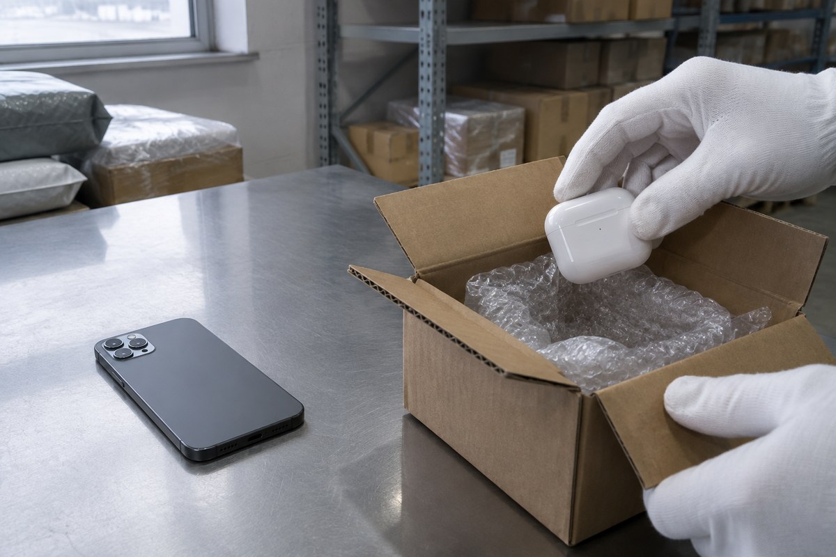 Worker inspecting a slim laptop before shipping electronics to the UK