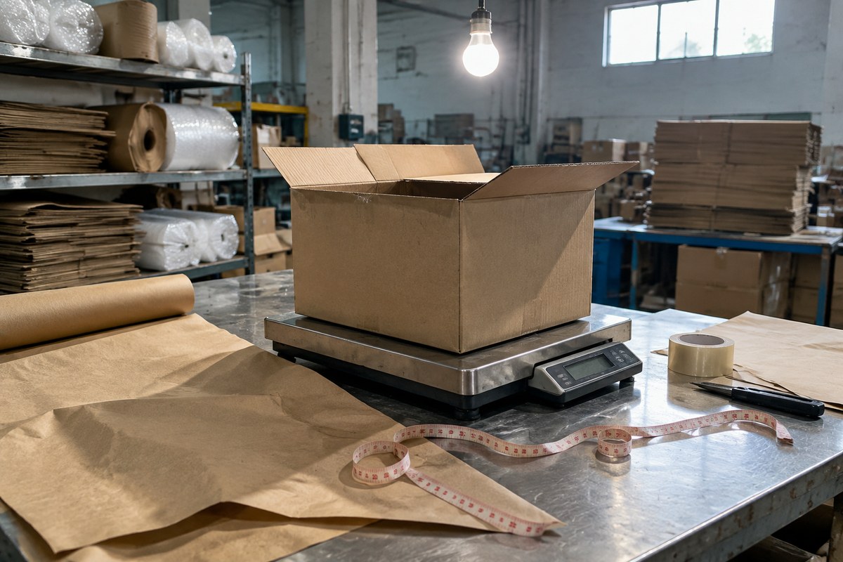 Worker sealing a repacked carton with tape at a warehouse table