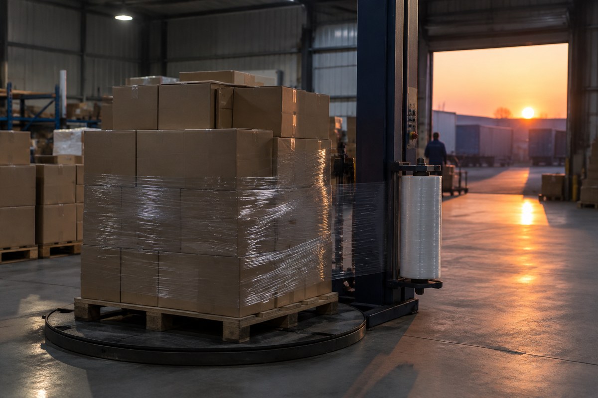 Stacked taped parcels beside a packing table at a China warehouse