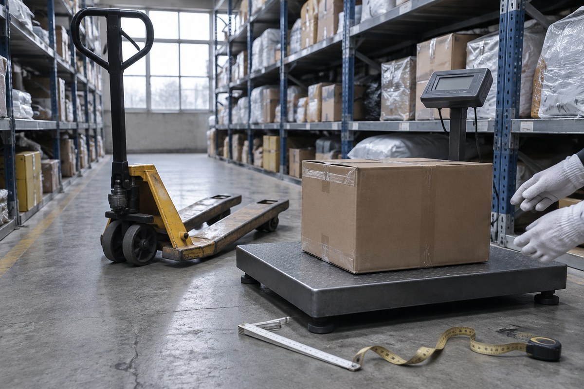 Tape measure checking the length of a carton on the warehouse floor