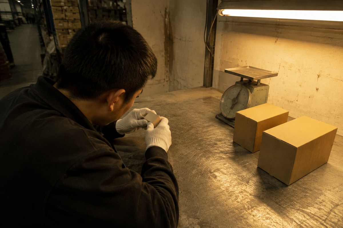Worker opening a supplier carton to check a wrapped sample