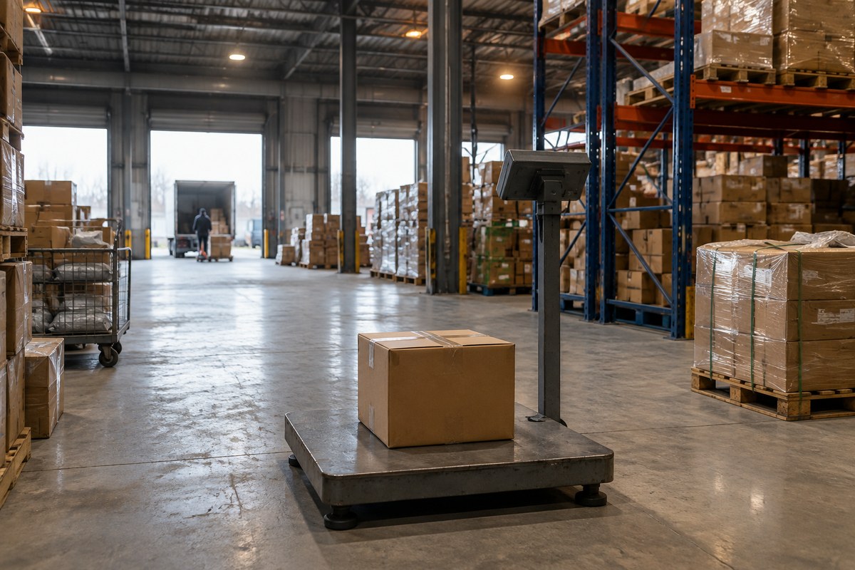 Gloved hand resting on the tallest of three taped cartons beside mailer rolls