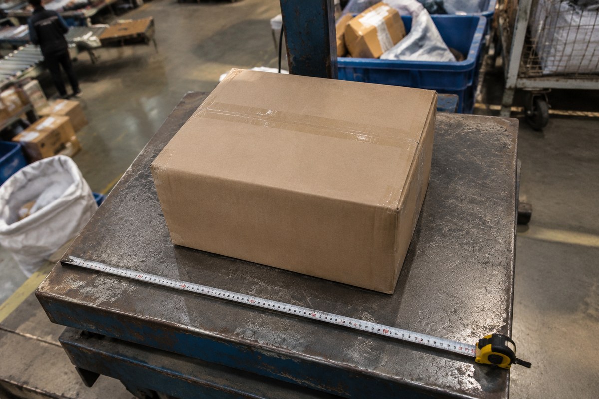 Steel tape measure laid across a sealed carton to check its dimensions