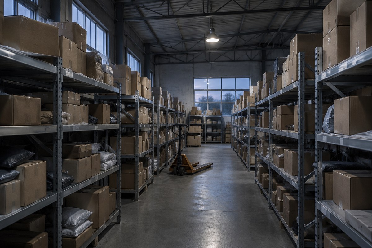 Warehouse aisle with stacked cartons and a trolley of parcels