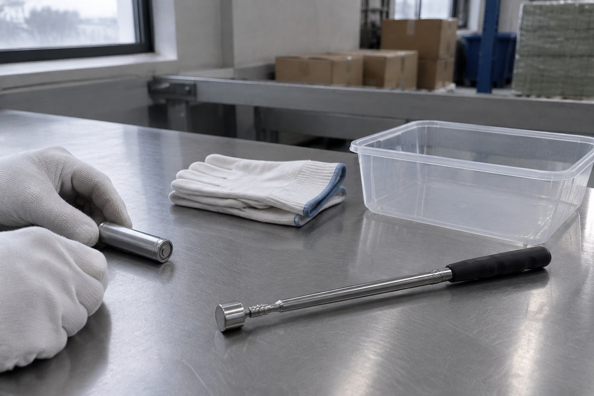 Gloved hands checking perfume, spray can, lighter and power bank on an inspection table