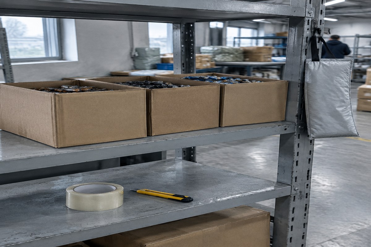 Gloved hands checking a power tool battery pack on a warehouse bench