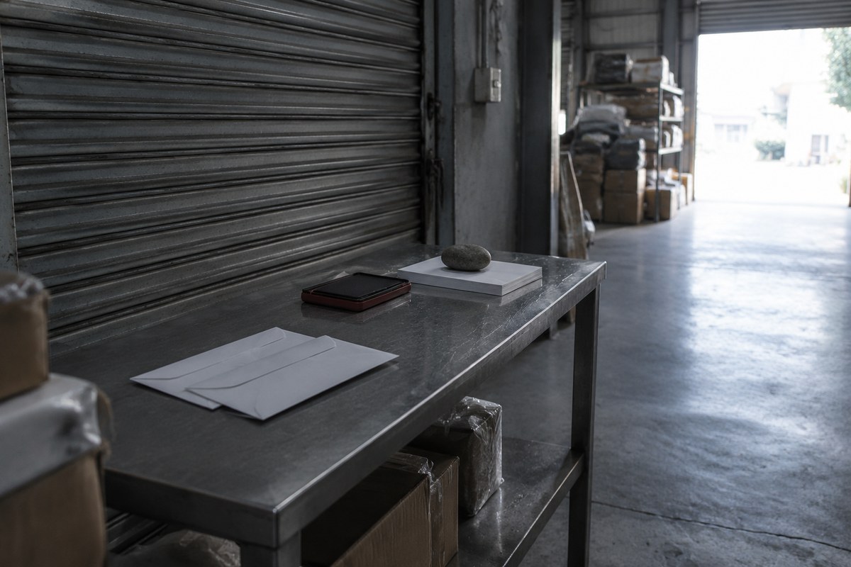 Sealed cartons stacked on a pallet beside a clipboard and packing table