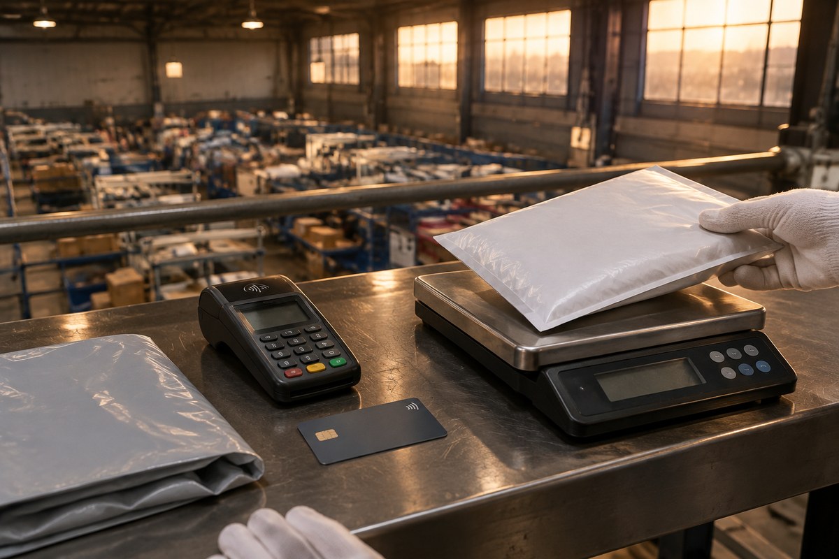 Gloved hand placing a white mailing bag on a digital scale beside a card terminal and a payment card