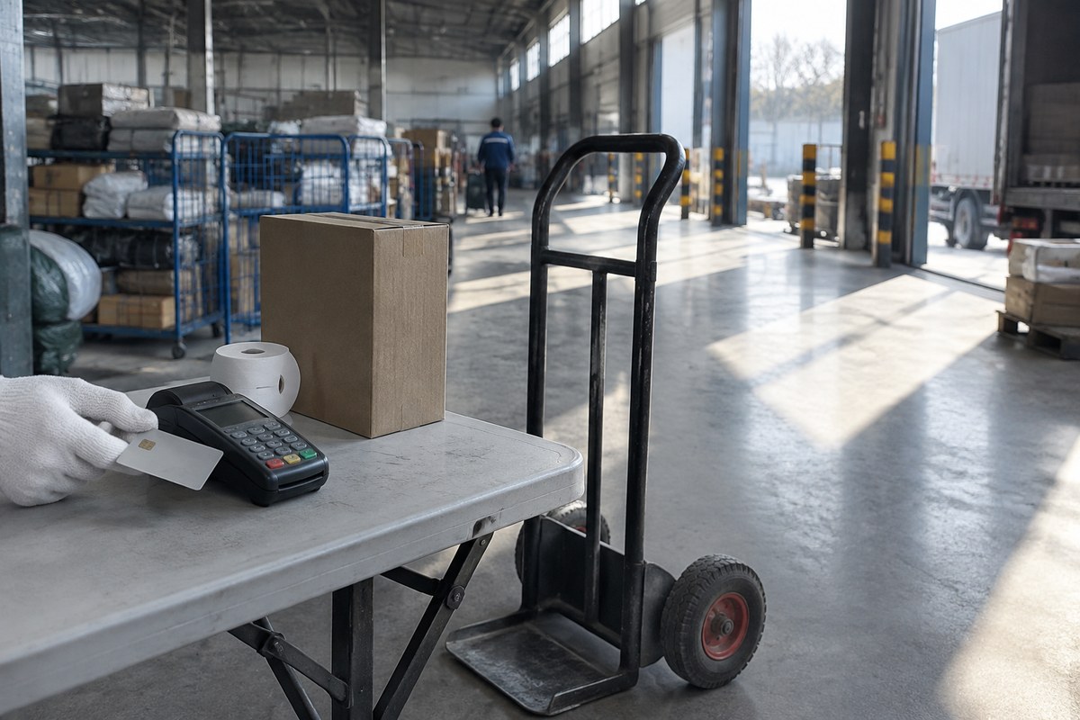 Open wallet with payment cards and a smartphone on a warehouse desk