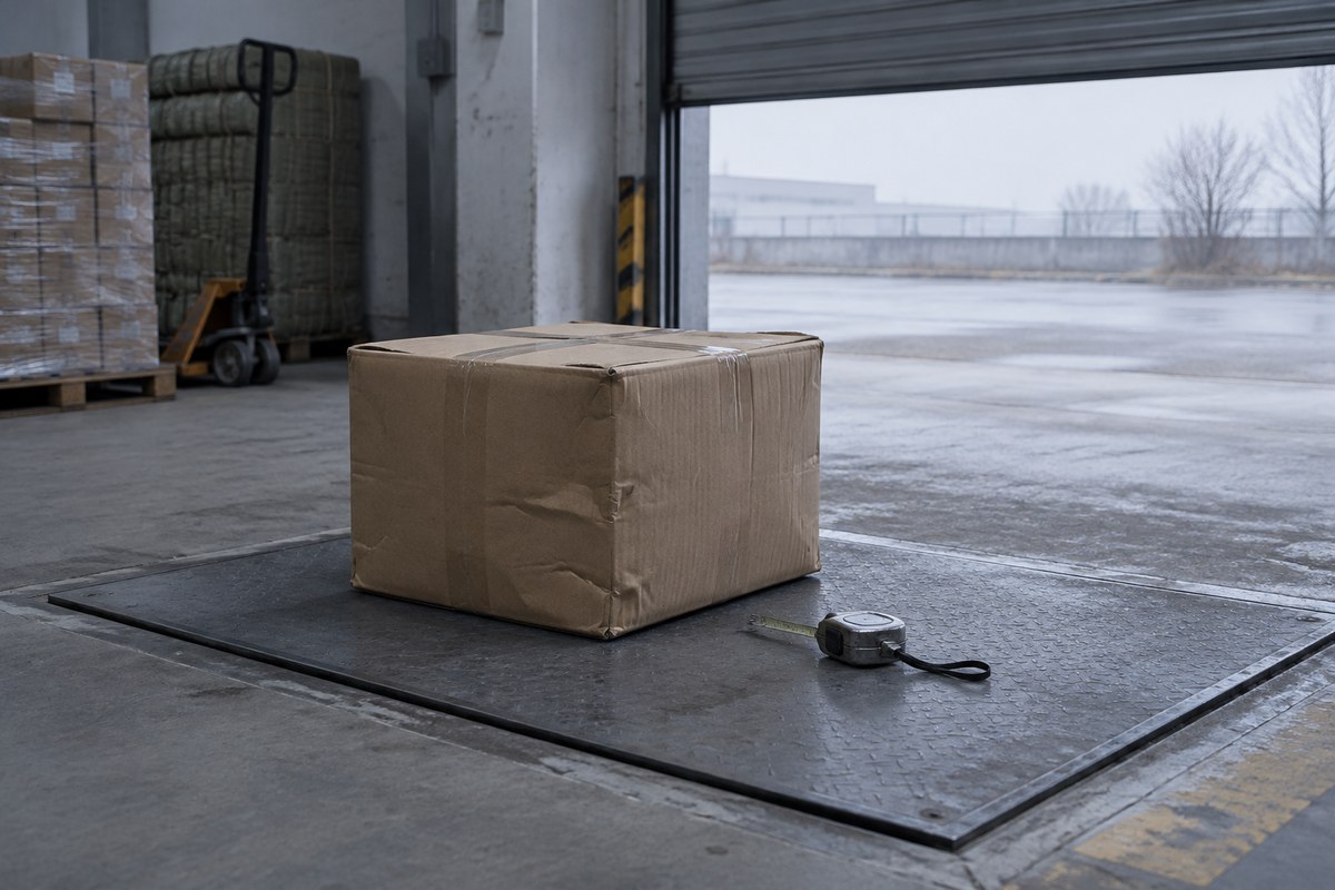 Worker measuring a wrapped carton with a steel tape on a warehouse floor