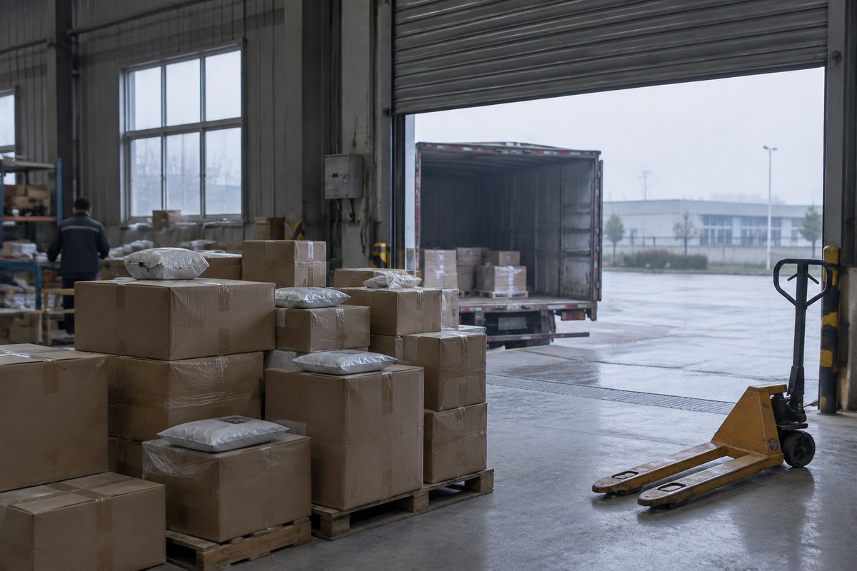 Gloved hands sealing a cardboard box on the floor with bubble wrap nearby