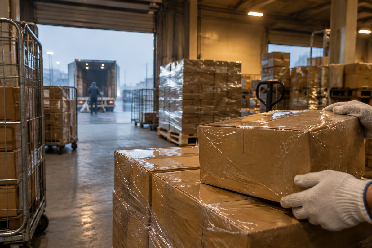 Shrink-wrapped cartons stacked on a pallet beside an open box of mailers