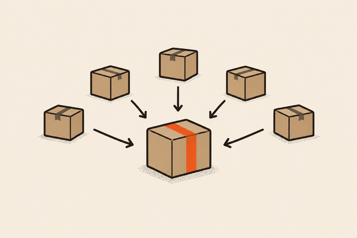 Illustration of five small parcels being consolidated into one larger parcel