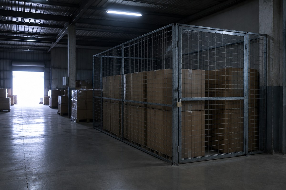 Cartons stacked inside a wire-mesh enclosure in a warehouse