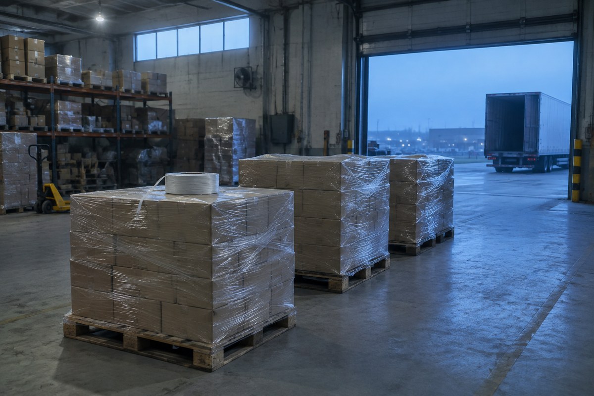 Stretch-wrapped cartons stacked on a pallet in a warehouse