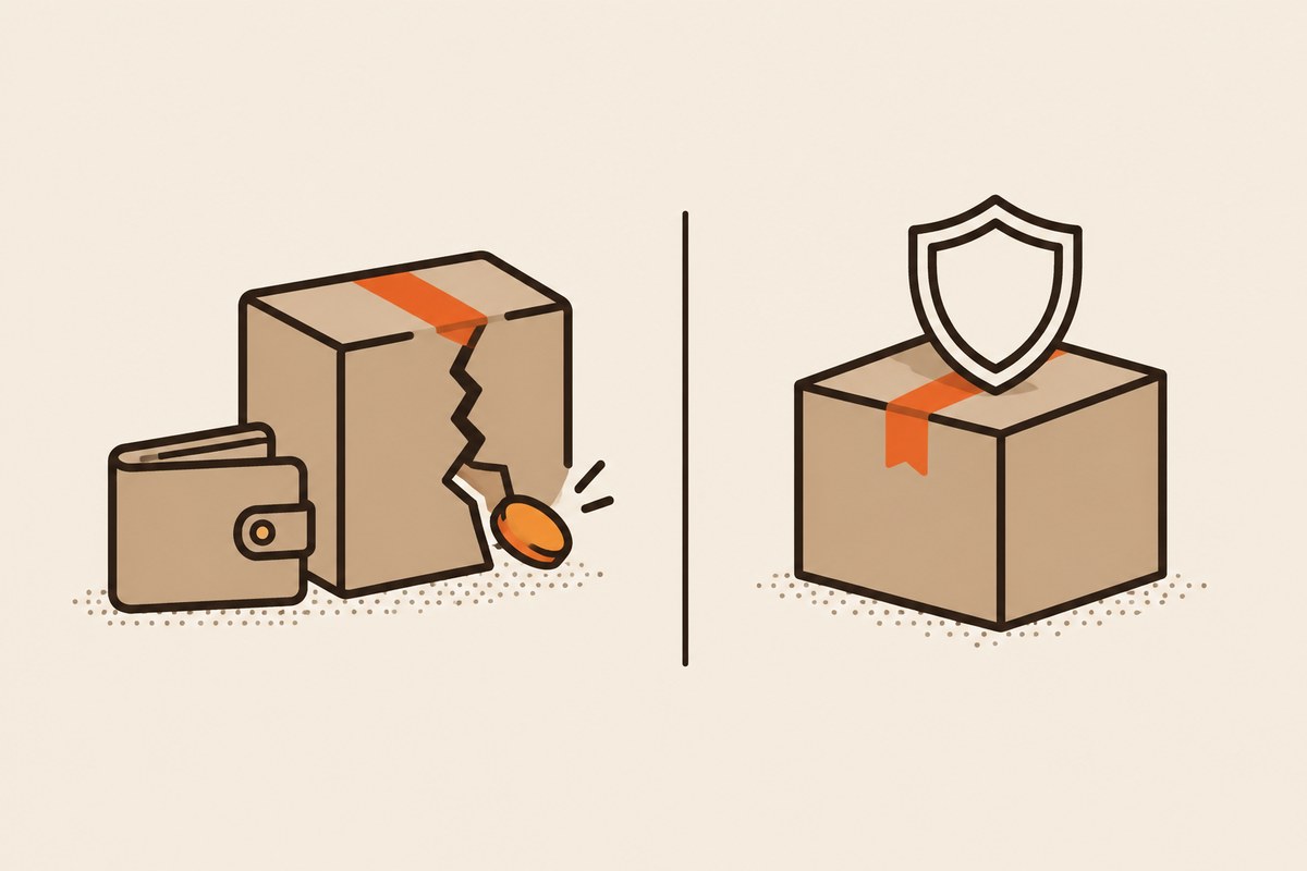 Gloved hand opening a paper-filled carton beside a sealed taped parcel