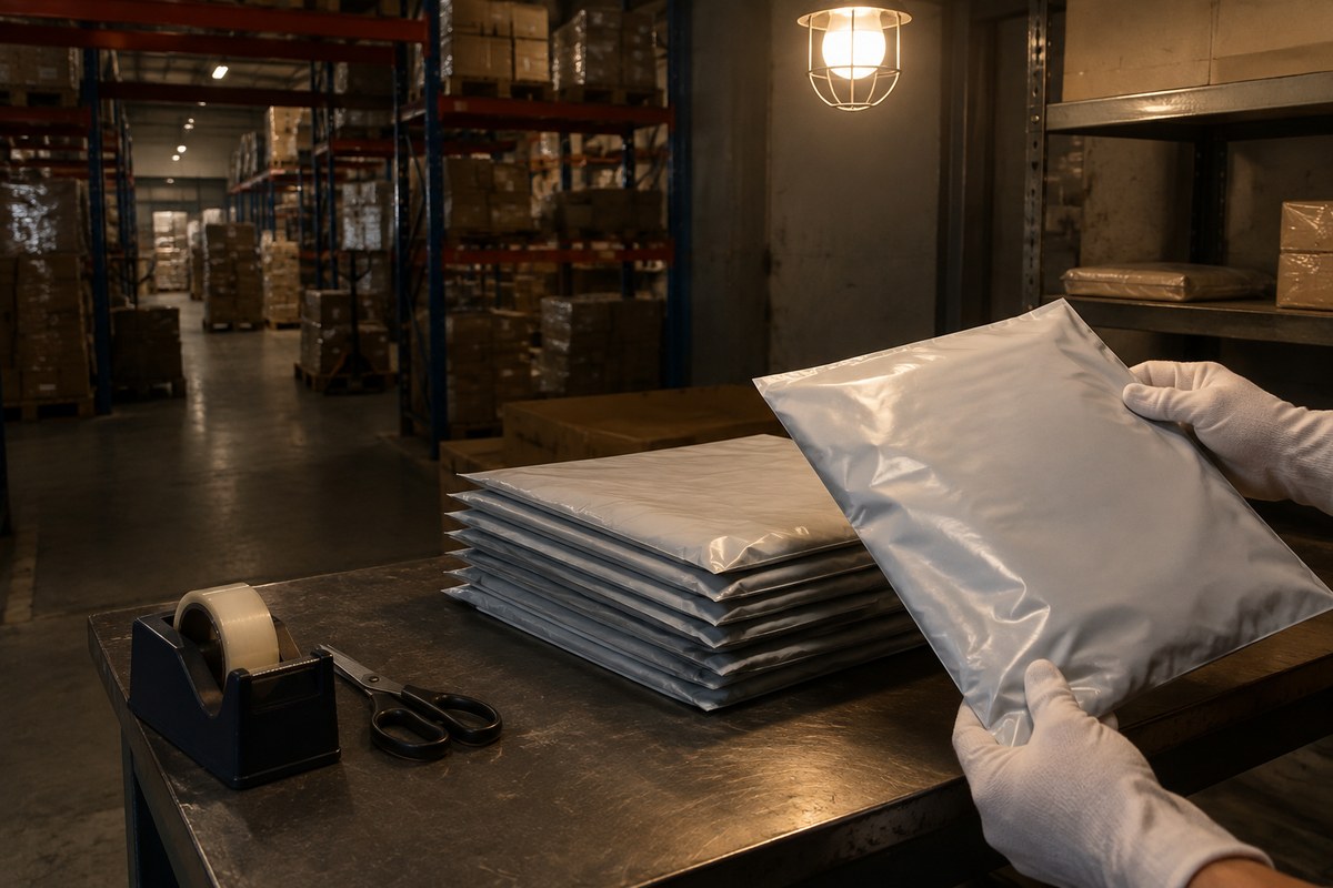 Gloved hands inspecting a white sneaker during a warehouse quality check