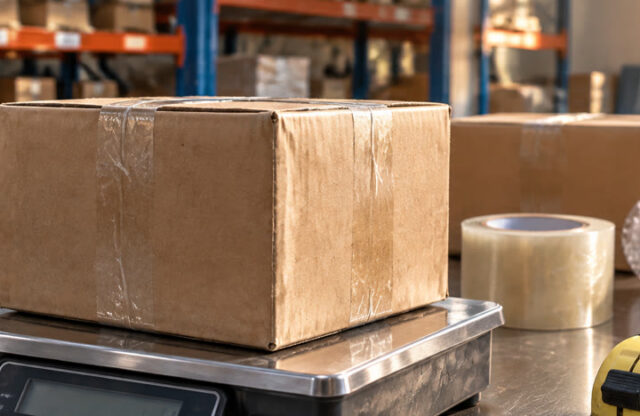 A parcel being packed and prepared for international forwarding