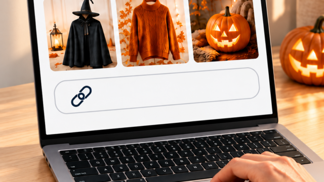 Laptop displaying Halloween products and a product-link field, illustrating the shopping agent service.
