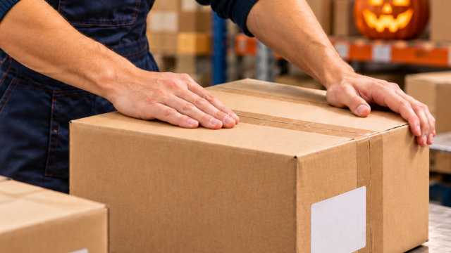 Parcel packing scene with a small Halloween pumpkin, illustrating international forwarding.